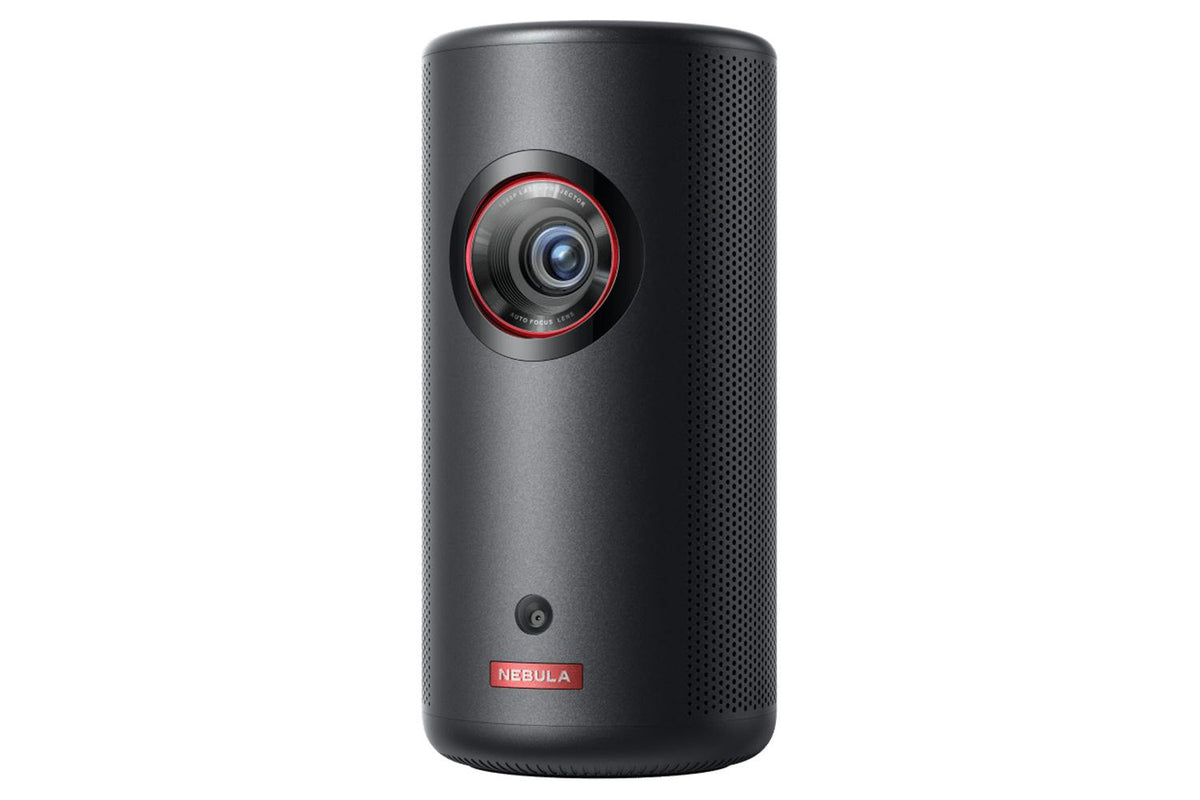 Black cylindrical Nebula Capsule 3 mini portable laser projector with front lens and red logo badge.