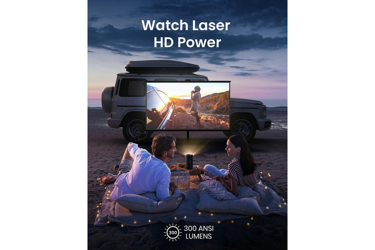 Couple watching outdoor movie projected by Nebula Capsule 3 on screen beside parked SUV at dusk