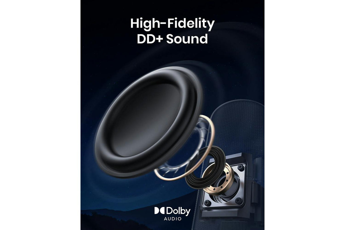 Exploded view of Nebula Capsule 3 speaker components highlighting high-fidelity Dolby DD+ sound quality.