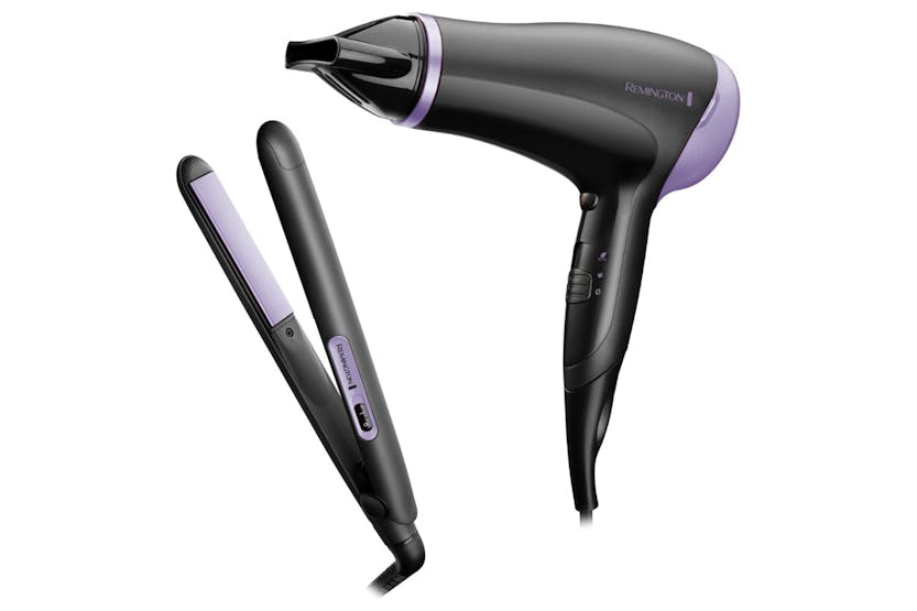 Remington Monochrome black and lavender hairdryer and straightener set shown on white background.