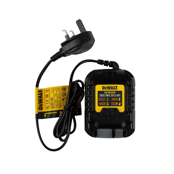 DeWalt compact battery charger with UK plug and attached power cord, designed for 12V/18V batteries.