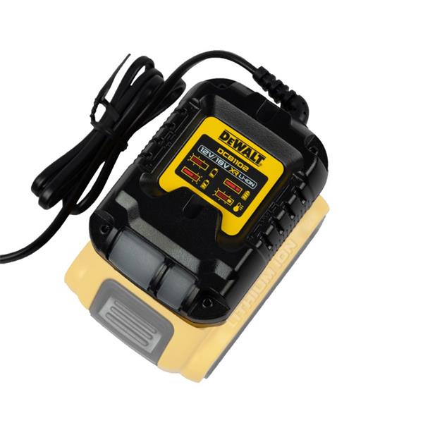 DeWalt compact battery charger with attached power cord charging a yellow 12V/18V battery pack on white background