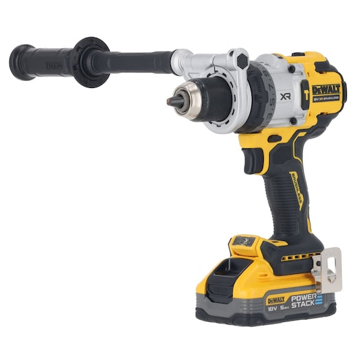 DeWalt 18V XR brushless hammer drill driver with side handle and Powerstack 5.0Ah battery attached.