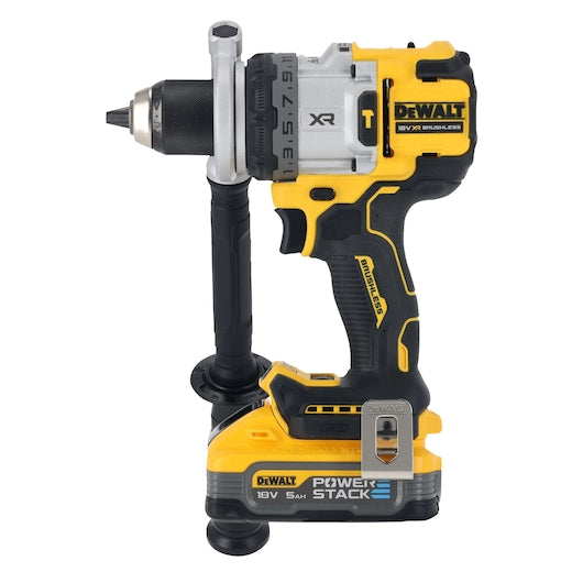 DeWalt 18V XR brushless hammer drill driver with side handle and Powerstack 5.0Ah battery attached.