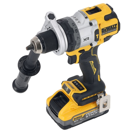 DeWalt 18V XR brushless hammer drill driver with side handle and Powerstack 5.0Ah battery attached