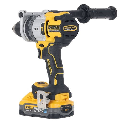 DeWalt 18V XR brushless hammer drill driver with side handle and Powerstack 5.0Ah battery attached.
