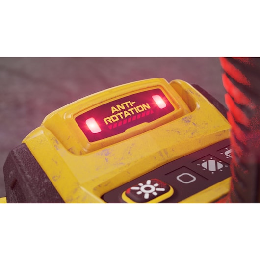 Close-up of the DeWalt 18V XR hammer drill showing the illuminated anti-rotation indicator and control buttons.