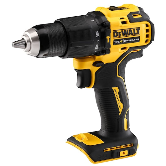 DeWalt 18V XR Brushless Combi Drill DCD709N with black and yellow body, compact design, and adjustable torque ring.