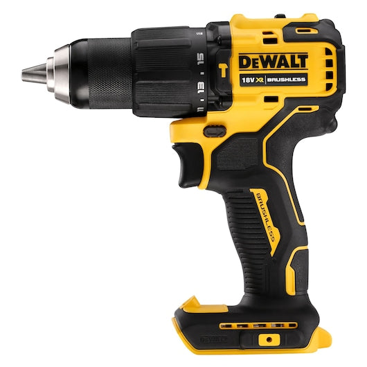 DeWalt Brushless Combi Drill DCD709N in yellow and black, side view without battery attached