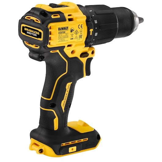 DeWalt Brushless Combi Drill DCD709N shown from side angle without battery attached