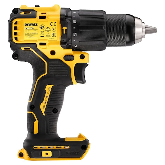 DeWalt Brushless Combi Drill DCD709N shown from the left side with black and yellow body and keyless chuck.