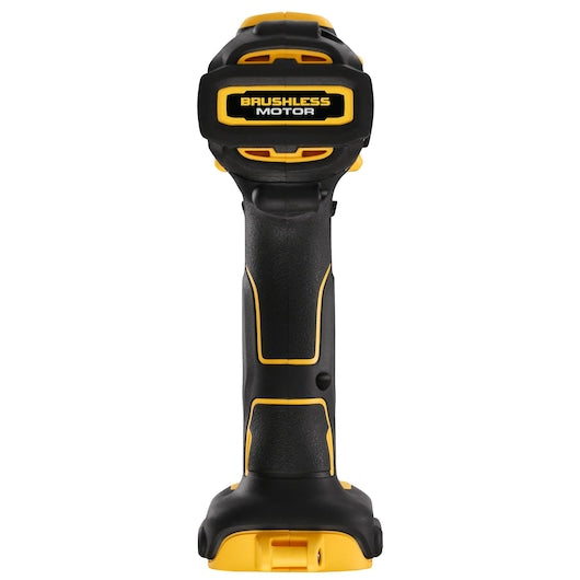 DeWalt Brushless Combi Drill DCD709N shown from the rear, highlighting the handle and brushless motor label.