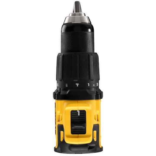 Close-up front view of the DeWalt Brushless Combi Drill DCD709N chuck and speed selector.