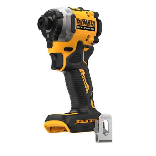 DeWalt 18V XR brushless compact impact driver bare unit with black and yellow body and metal belt clip