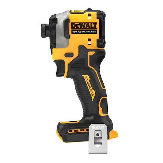 DeWalt 18V brushless compact 1/4 inch impact driver bare unit with black and yellow body and metal belt clip