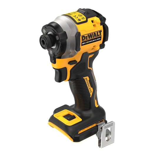 DeWalt 18v compact 1/4 inch impact driver bare unit with yellow and black body, angled view.