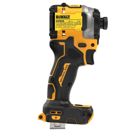 DeWalt 18V compact 1/4 inch brushless impact driver bare unit shown from left side.