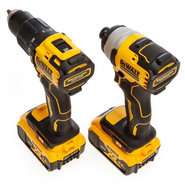 Two Dewalt cordless drills on a white background