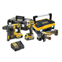 Set of Dewalt power tools including a drill, impact wrench, and angle grinder on a white background.