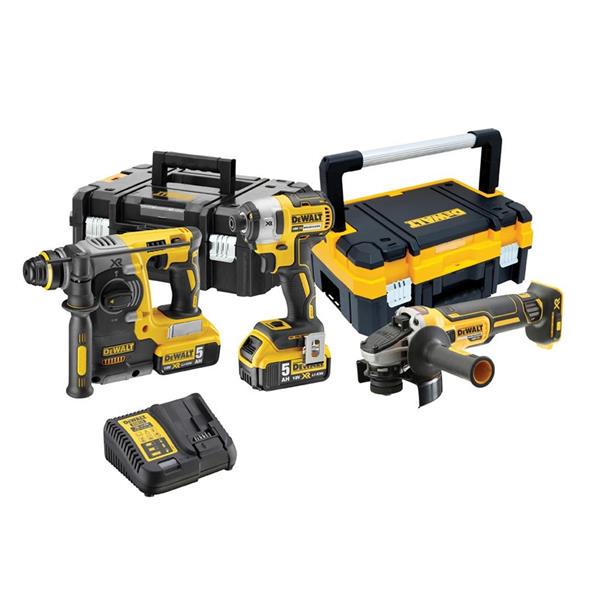 Set of Dewalt power tools including a drill, impact wrench, and angle grinder on a white background.