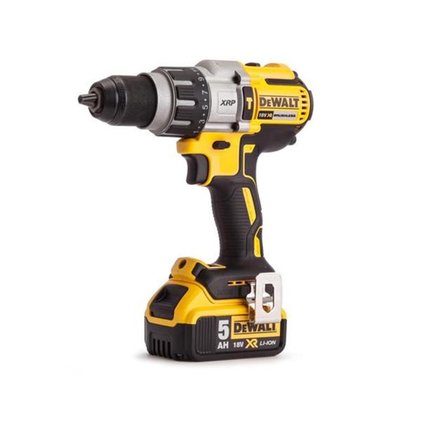 A DeWalt cordless drill driver with a 5Ah 18V XR LAD20 battery, shown from a three-quarter angle on a white background.