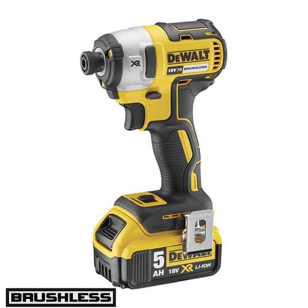 DeWalt 18V XR Brushless cordless impact driver with a matching battery, shown on a white background with a 'BRUSHLESS' label at the bottom left.