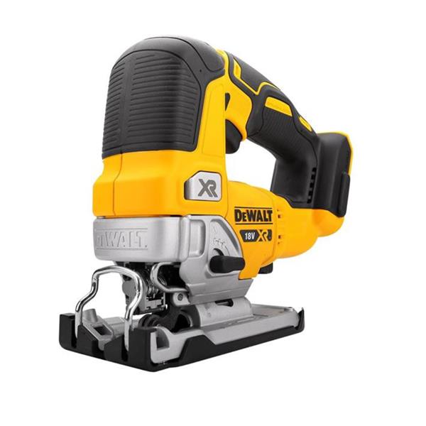 A DeWalt XR cordless jigsaw with a yellow and black body and a silver metal base, shown on a plain white background.