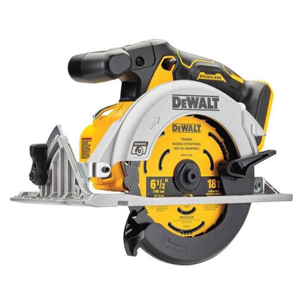 A DeWalt circular saw with a 6 1/2-inch blade, featuring the brand's signature yellow and black color scheme, a silver guide plate, and a black handle on a solid white background.