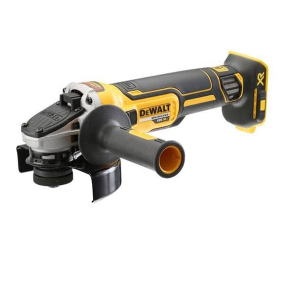 A DeWalt cordless angle grinder with a black and yellow body, featuring a black protective guard and a yellow-and-black battery pack, shown on a plain white background.