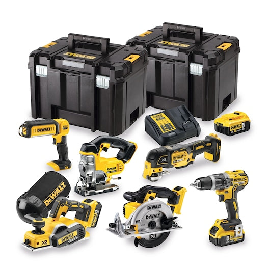 DEWALT 18V XR 6-Piece Woodworking Kit with Brushless Drill, Circular Saw, Planer, Jigsaw, LED Light, 3x 5.0Ah Batteries –