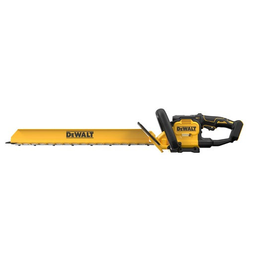DeWalt XR 18V hedge trimmer with 60cm blade and black-yellow handle shown from the side.