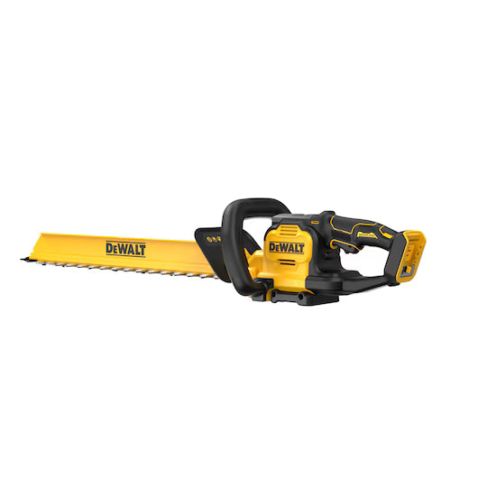 DeWalt XR 18V hedge trimmer with 60cm yellow blade and black ergonomic handle, bare unit only.