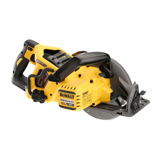 DeWalt 54v Flexvolt high torque circular saw bare unit shown from side angle with blade guard and handle visible