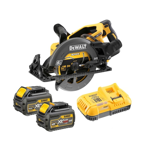 DeWalt 54V FlexVolt high torque circular saw with two 6.0Ah batteries and fast charger on white background