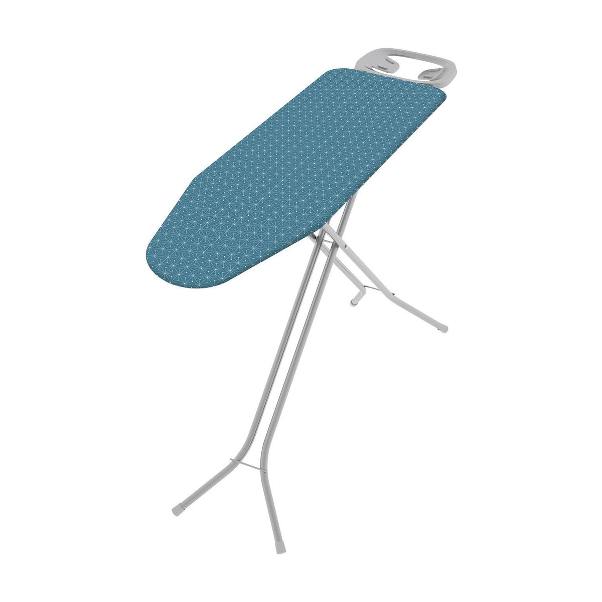De Vielle Supreme Ironing Board with blue patterned cover and white metal frame, shown upright with iron rest.