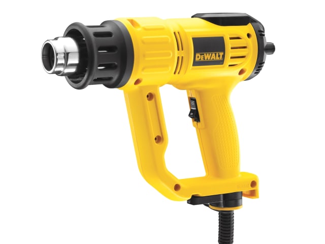 Yellow and black Dewalt LCD Premium Heat Gun 2000W with ergonomic handle and metal nozzle, side view.
