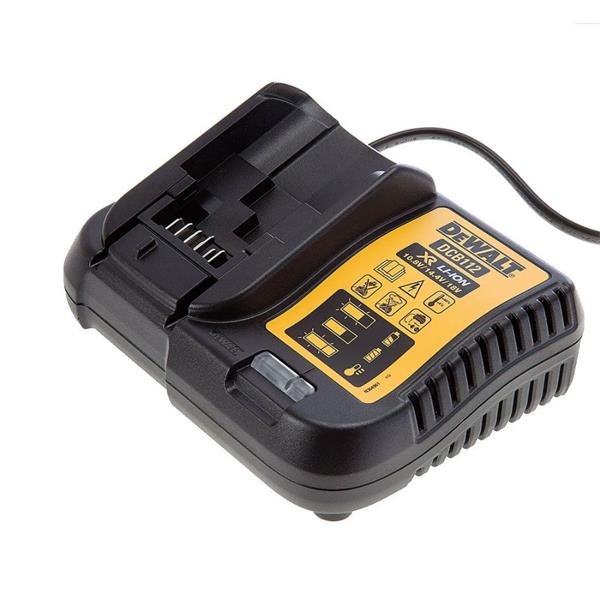 DeWalt slim battery charger for 12V/18V batteries with yellow label and ventilation slots, angled view.