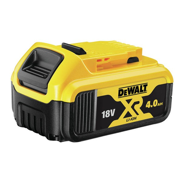 A DEWALT 18V XR 4.0Ah lithium-ion cordless battery, featuring the brand's signature yellow and black color scheme, shown on a solid white background.