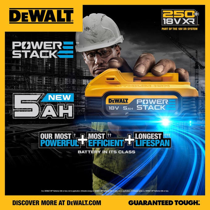 DeWalt 5.0Ah Powerstack Battery DCBP518 high-capacity compact battery – available at Keans Claremorris.