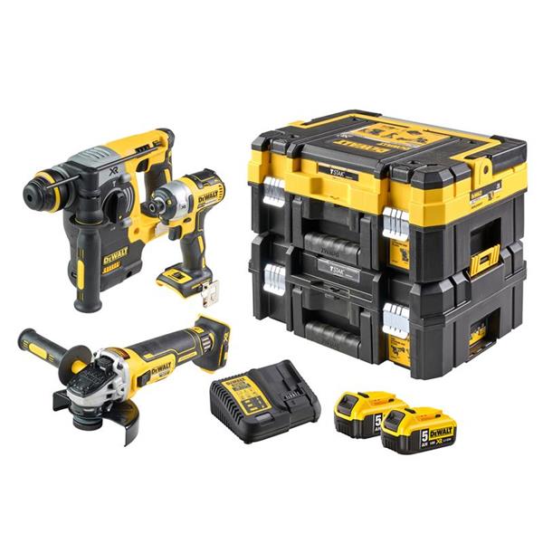 DeWalt power tool set with drill, impact driver, angle grinder, and battery pack on a white background