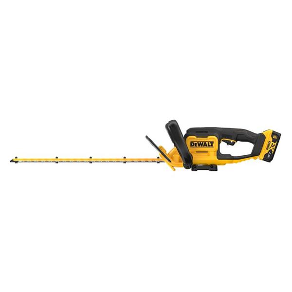 DeWalt XR 18V hedge trimmer with 5.0Ah battery, shown from the side with yellow and black body.
