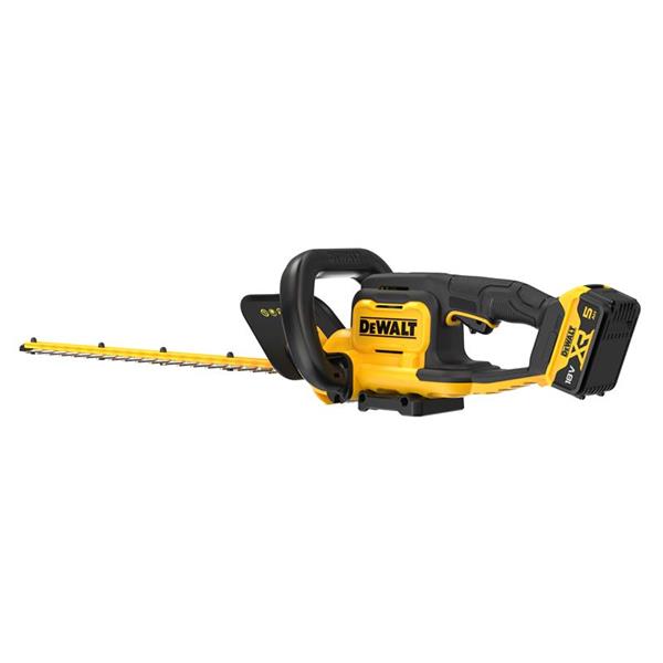 DeWalt XR 18V cordless hedge trimmer with 5.0Ah battery, yellow and black, side view on white background