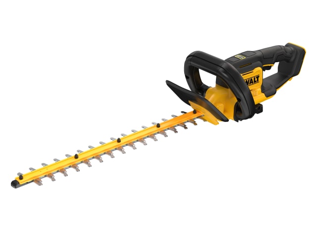 DeWalt XR 18V cordless hedge trimmer with 55cm yellow dual-action blades and black ergonomic handle, bare unit.