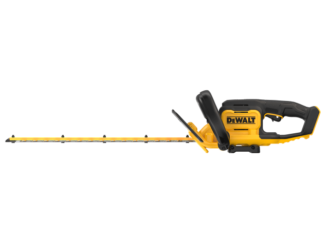 DeWalt XR 18V hedge trimmer bare unit with 25mm blade and black and yellow handle, side view.