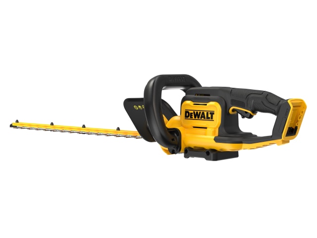 DeWalt XR 18V hedge trimmer bare unit with 25mm blade, angled view showing handle and blade details.