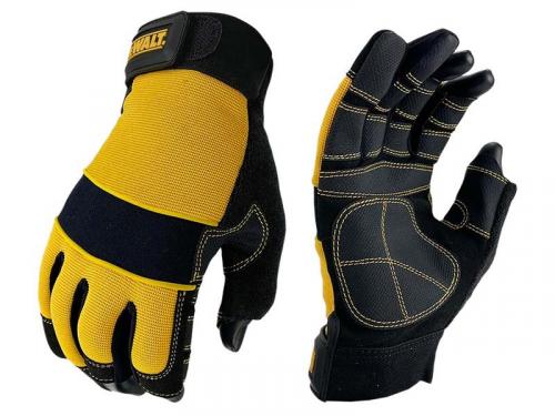 DeWalt Premium Framer Performance Gloves in black and yellow, showing front and palm with reinforced overlays.