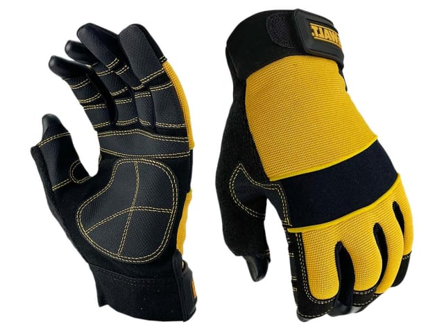 Pair of DeWalt Premium Framer Performance Gloves in large, showing palm and back with yellow and black design.