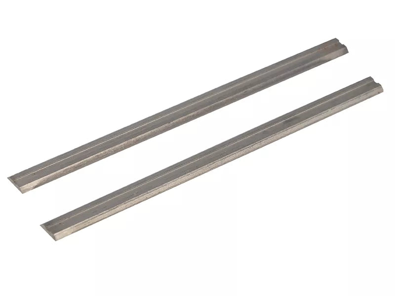 Two silver DeWalt DT3905 HSS reversible planer blades, 82mm, shown side by side on white background.