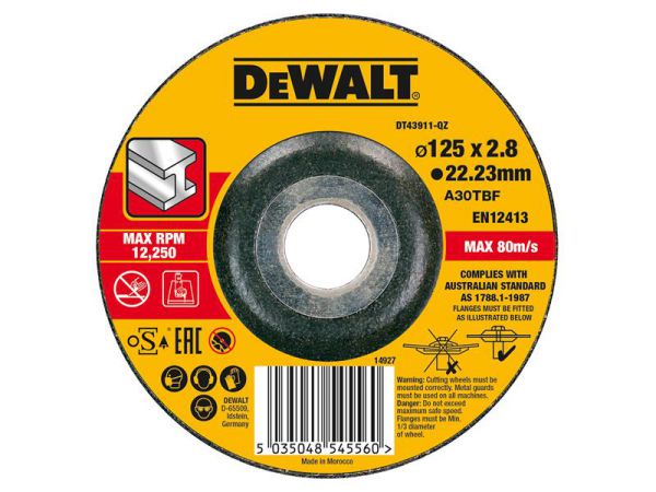 DeWALT DT43911 metal cutting discs 125mm, aluminium oxide, pack of 5, for cordless tools – available at Kean’s Claremorris –