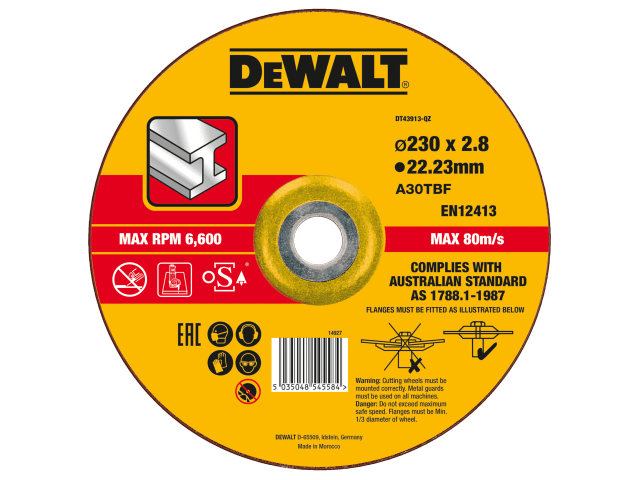 Dewalt 230mm Depressed Centre Metal Cutting Disc with durable, high grain concentration for aggressive cutting - Keans
